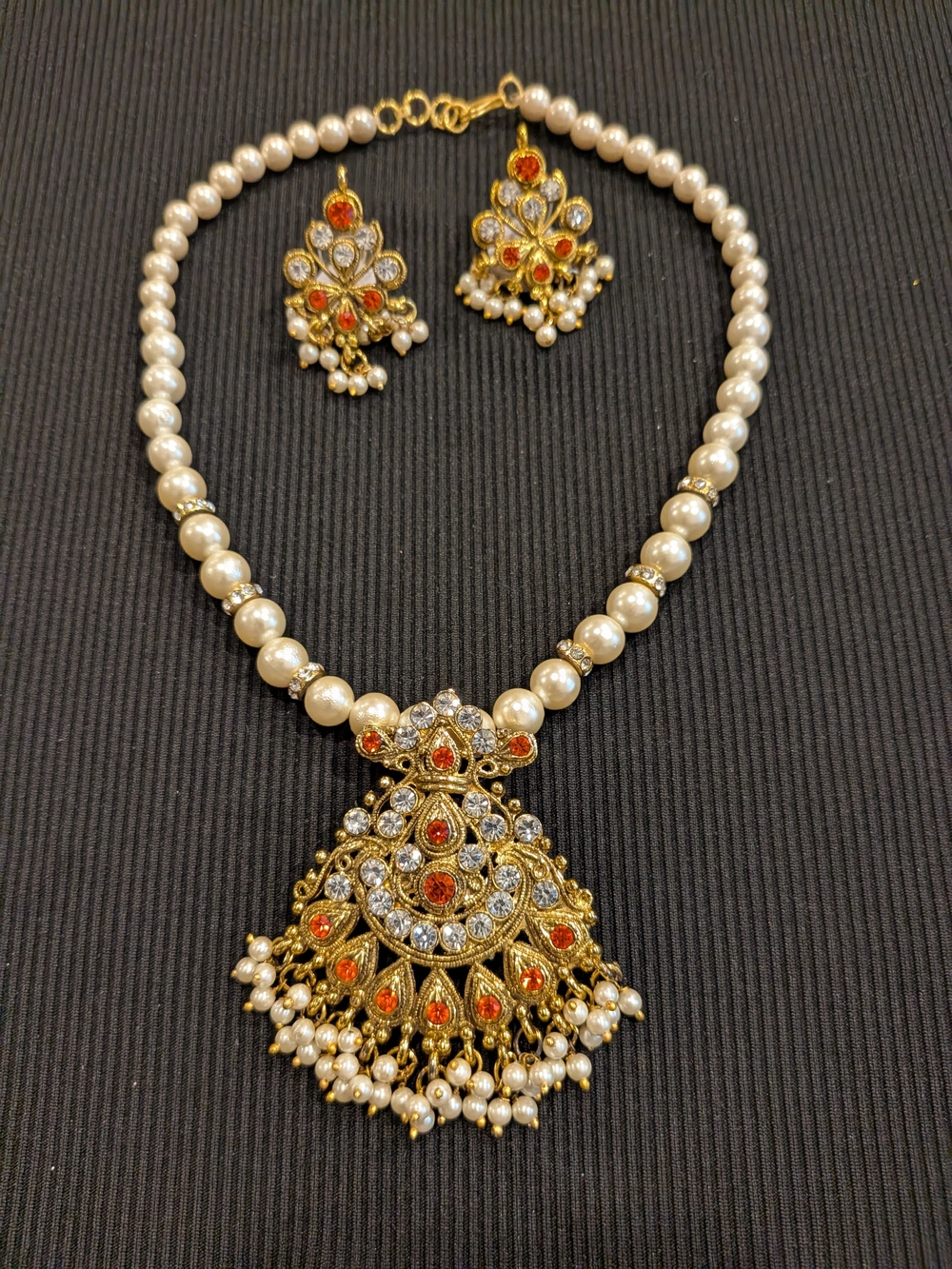 B#3:Gold Plated Dangling Pearl Peny Necklace22"And Earrings 1" Longer